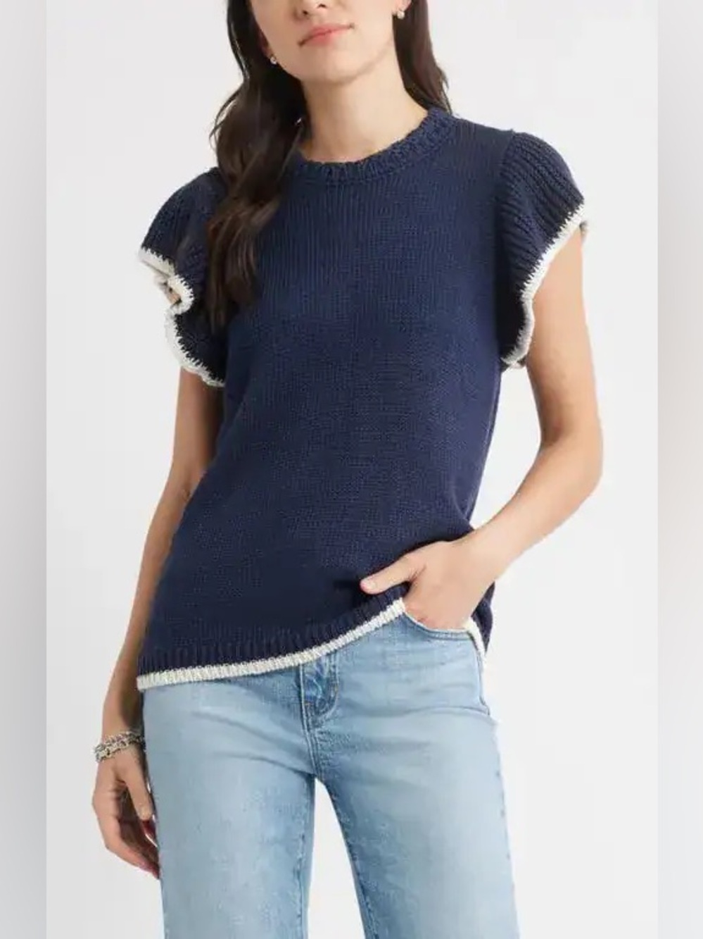 Caslon Flutter Sleeve Linen & Cotton Sweater in Navy Still